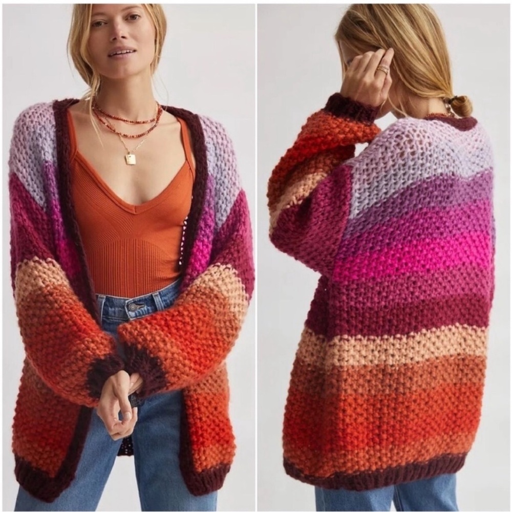 Anthropologie FRNCH Rainbow Knit Chunky Oversized Colorful Cardigan Sweater OS
